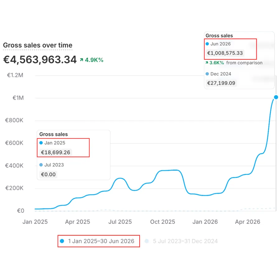 Shopify-omzet van €18.699 in januari 2025 naar €1.008.575 in juni 2026